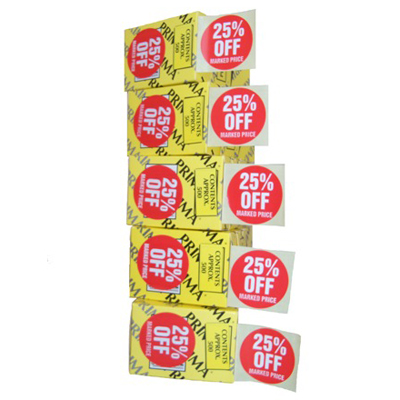 5000 x "25% OFF" Retail Price Labels Stickers In Dispenser Rolls (500/Roll)